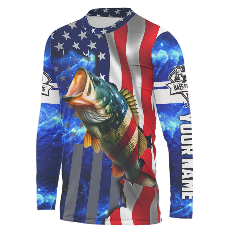 Bass Fishing American Flag patriotic UV protection Custom name long sleeves fishing shirt for men NPQ2