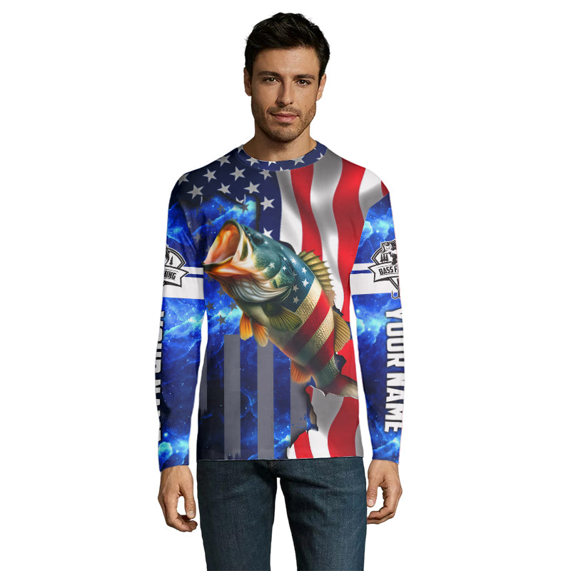 Bass Fishing American Flag patriotic UV protection Custom name long sleeves fishing shirt for men NPQ2