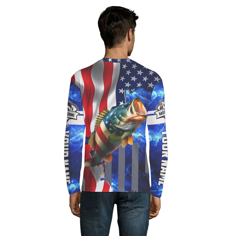 Bass Fishing American Flag patriotic UV protection Custom name long sleeves fishing shirt for men NPQ2