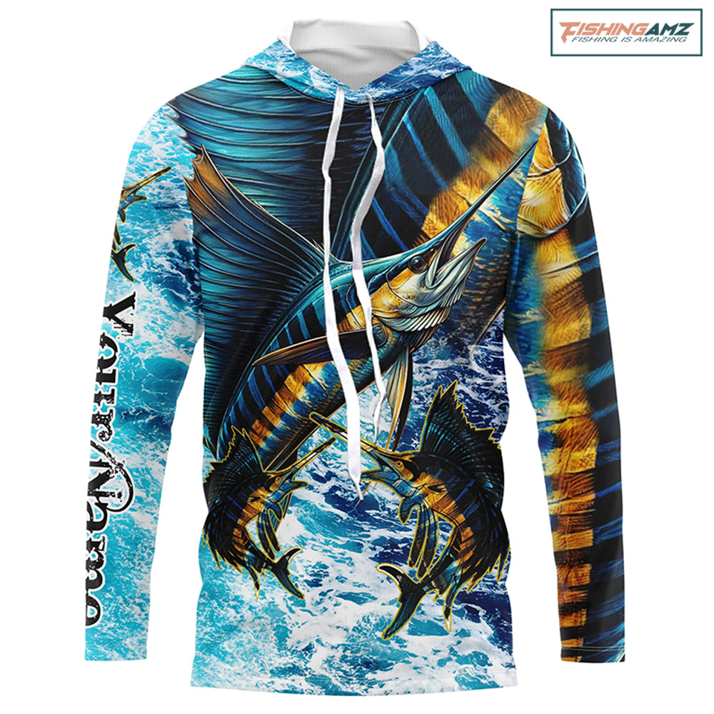 Personalized Sailfish fishing scales blue sea water camo long sleeve Fishing Shirts NQS7097