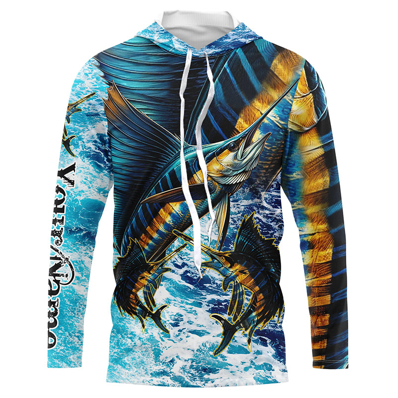 Personalized Sailfish fishing scales blue sea water camo long sleeve Fishing Shirts NQS7097