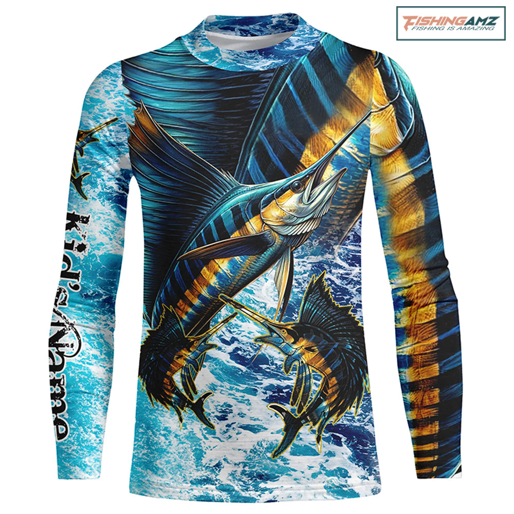 Personalized Sailfish fishing scales blue sea water camo long sleeve Fishing Shirts for Kid NQS7097