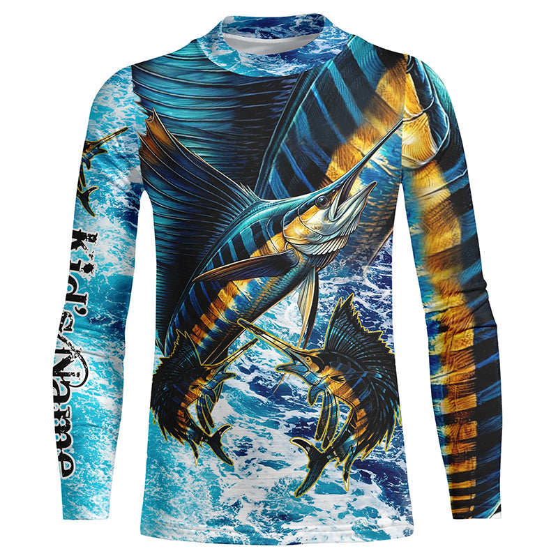 Personalized Sailfish fishing scales blue sea water camo long sleeve Fishing Shirts for Kid NQS7097