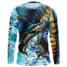 Load image into Gallery viewer, Personalized Sailfish fishing scales blue sea water camo long sleeve Fishing Shirts NQS7097
