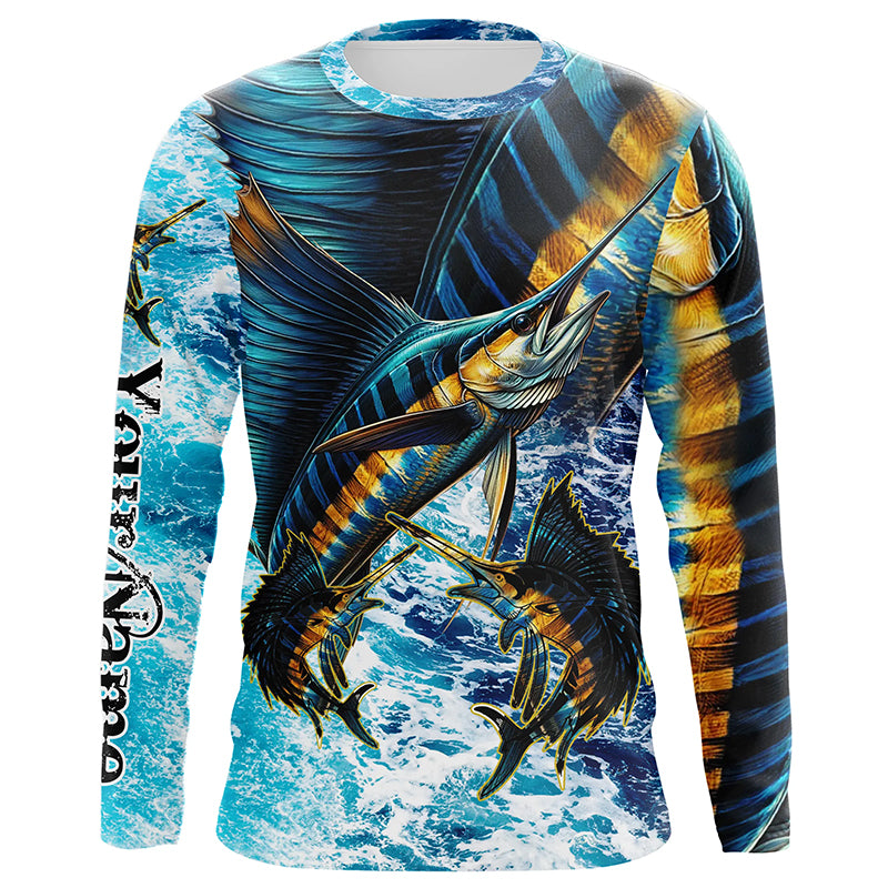 Personalized Sailfish fishing scales blue sea water camo long sleeve Fishing Shirts NQS7097