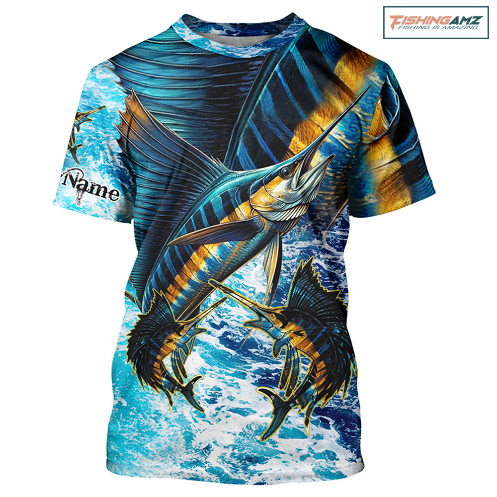 Personalized Sailfish fishing scales blue sea water camo Fishing T-Shirts, fishing gifts NQS7097