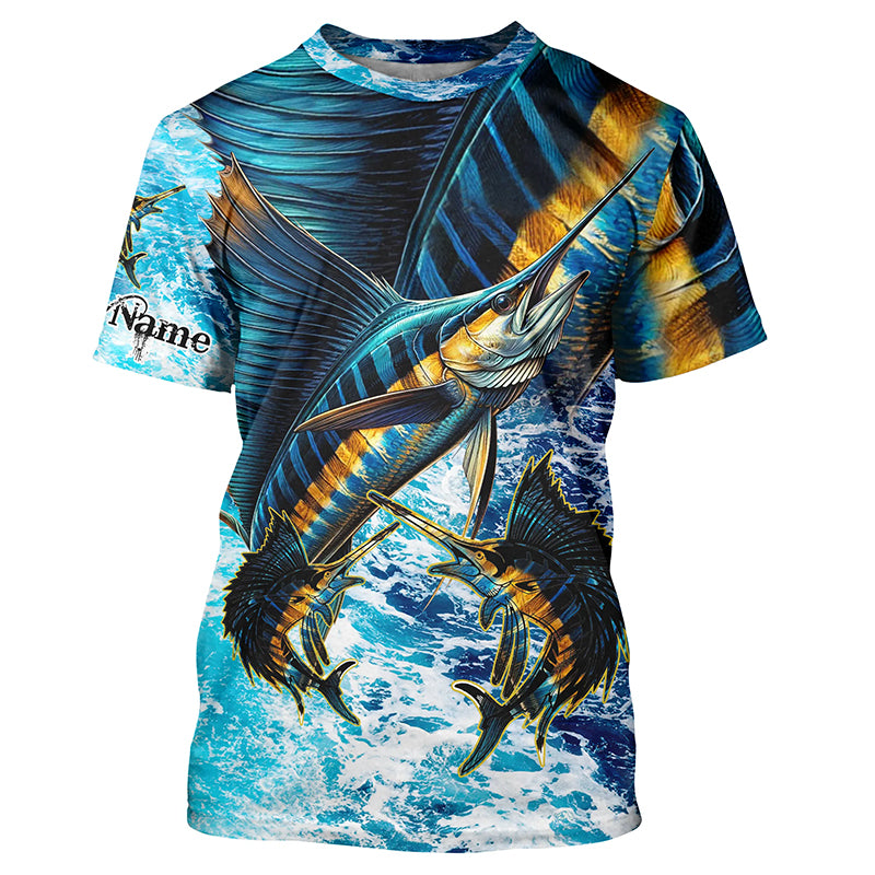 Personalized Sailfish fishing scales blue sea water camo Fishing T-Shirts, fishing gifts NQS7097