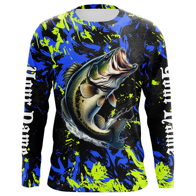 Personalized Largemouth Bass fishing green blue camo long sleeve Fishing Shirts NQS7099