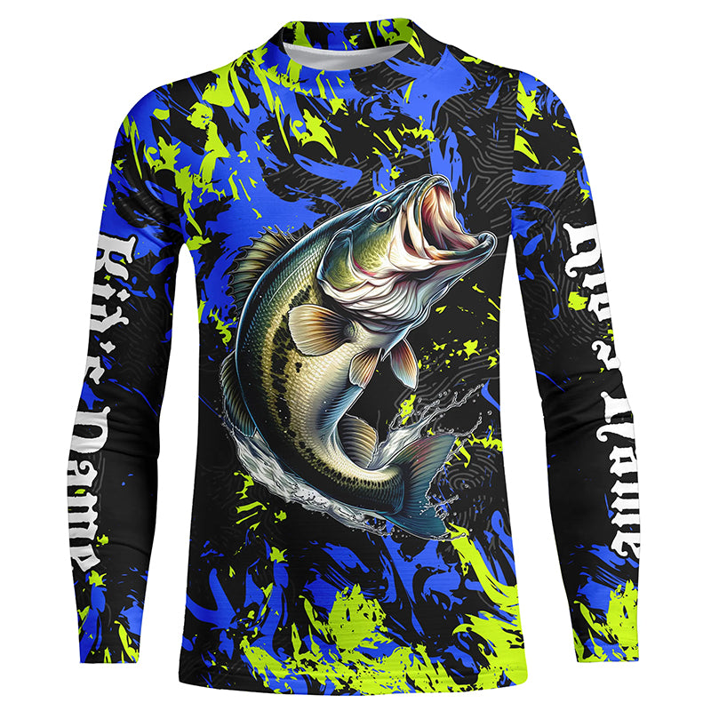 Personalized Largemouth Bass fishing green blue camo long sleeve Fishing Shirts for Kid NQS7099