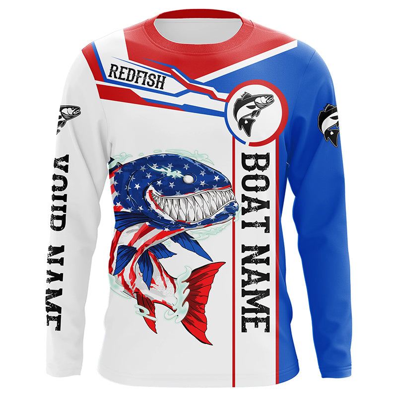 Angry Redfish drum American flag patriotic fishing Custom name and boat name long sleeve fishing shirts NQS5602