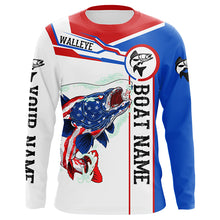 Load image into Gallery viewer, Angry Walleye American flag patriotic fishing Custom name and boat name long sleeve fishing shirts NQS5603
