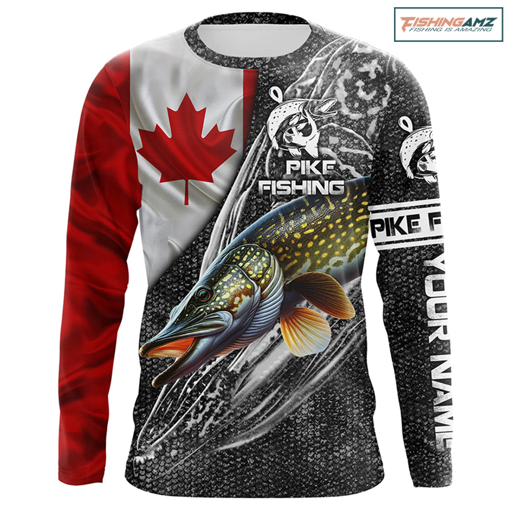 Canadian Flag Northern Pike Fishing skull Custom Long sleeve fishing jerseys NPQ792