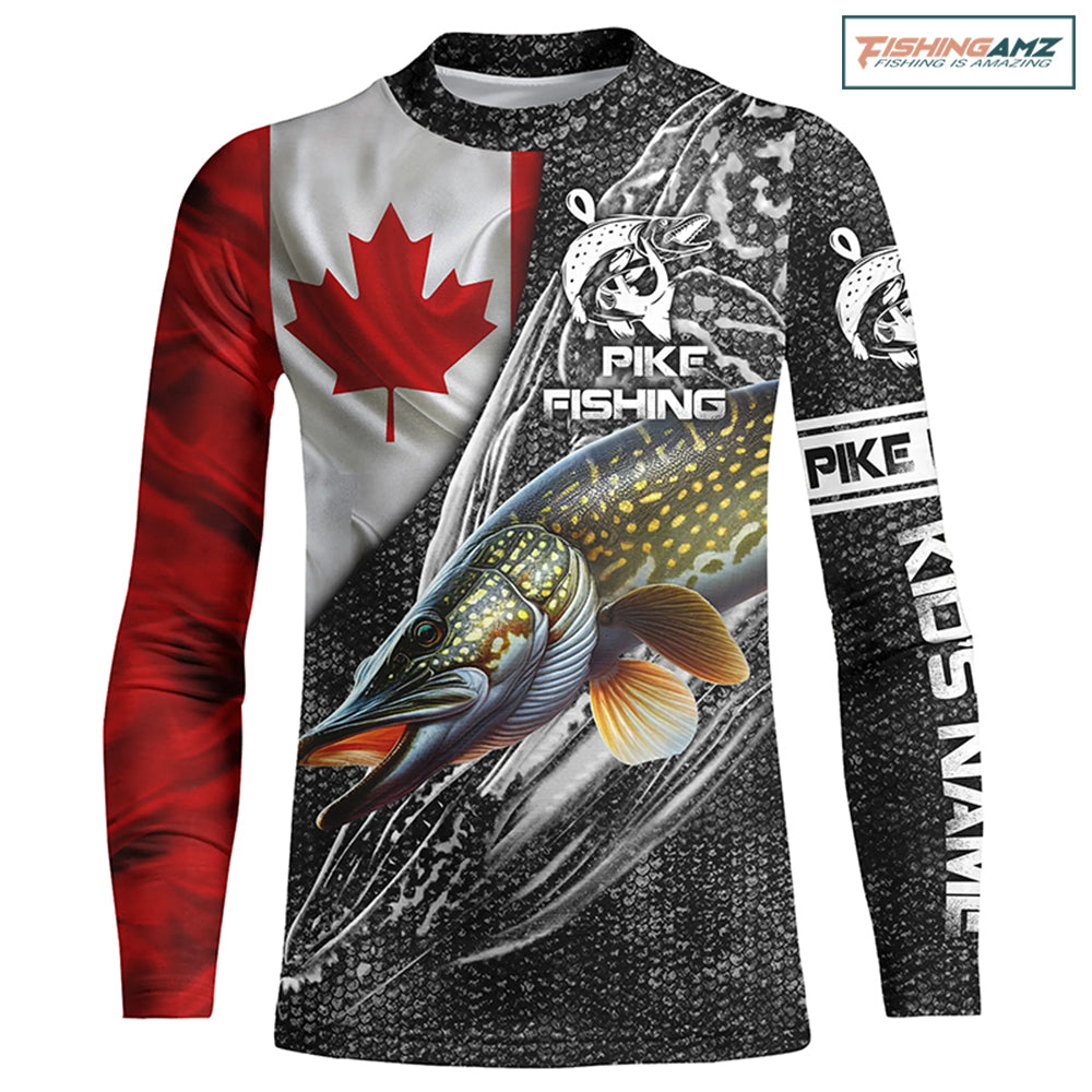 Canadian Flag Northern Pike Fishing pike skull reaper Custom name fishing jerseys | Kid Long Sleeves NPQ792