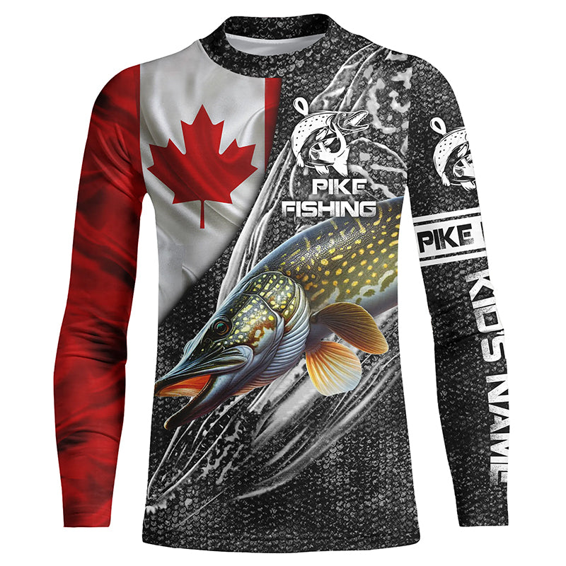 Canadian Flag Northern Pike Fishing pike skull reaper Custom name fishing jerseys | Kid Long Sleeves NPQ792