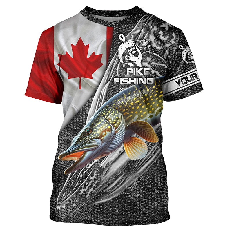Canadian Flag Northern Pike Fishing pike skull reaper Custom name fishing jerseys | Tshirt - NPQ792