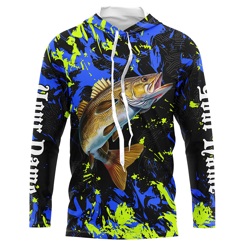 Personalized Walleye fishing green blue camo long sleeve Fishing Shirts NQS7107