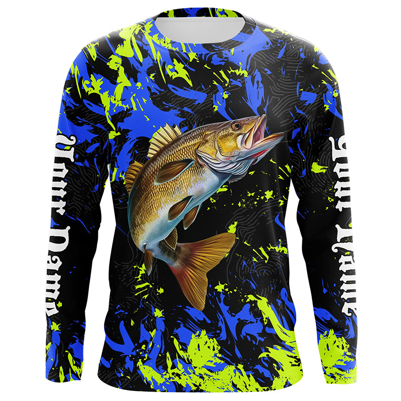 Personalized Walleye fishing green blue camo long sleeve Fishing Shirts NQS7107