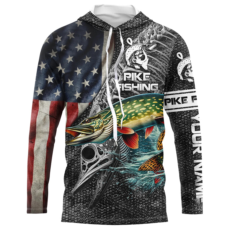 Northern Pike Fishing American Flag patriotic Customize name Long Sleeve Fishing Shirts NPQ280