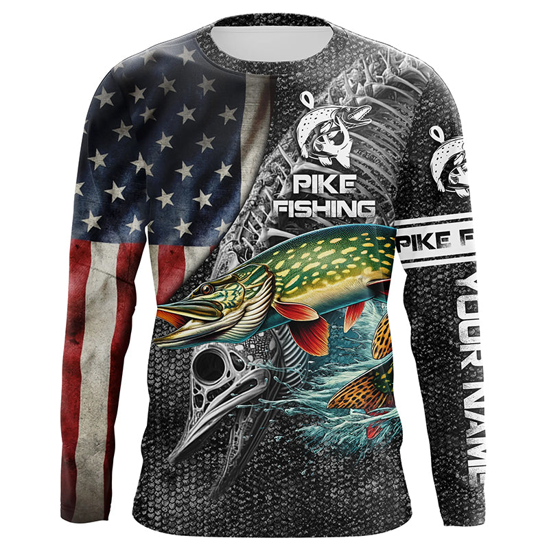 Northern Pike Fishing American Flag patriotic Customize name Long Sleeve Fishing Shirts NPQ280