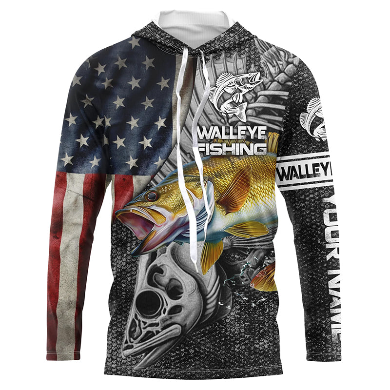 Walleye Fishing American Flag patriotic fish skull Custom name long sleeves fishing shirt NPQ10