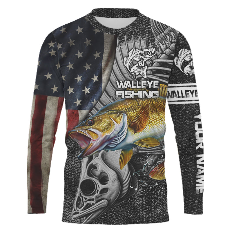 Walleye Fishing American Flag patriotic fish skull Custom name long sleeves fishing shirt NPQ10