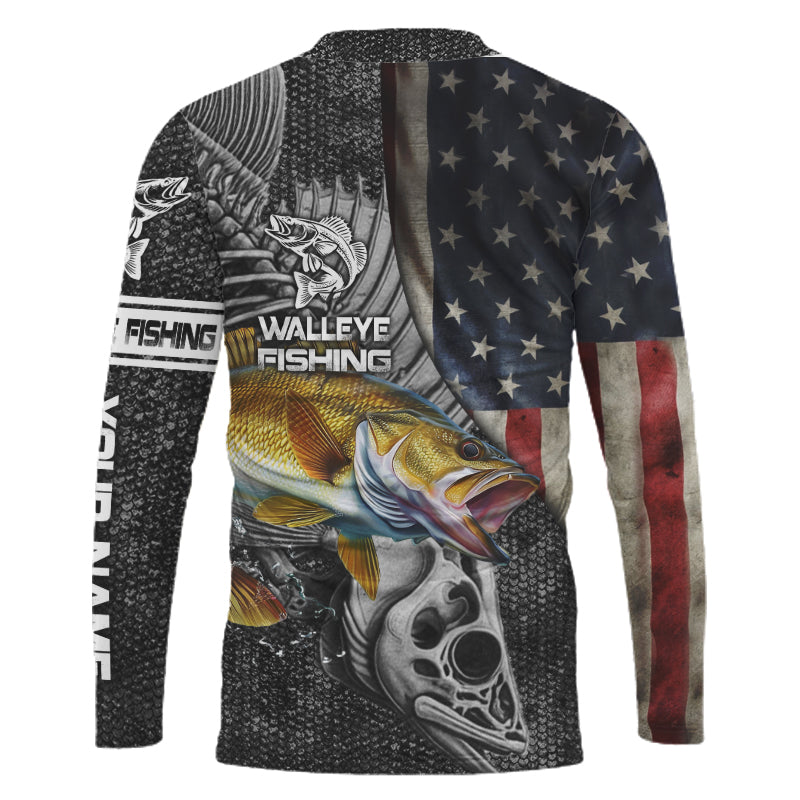 Walleye Fishing American Flag patriotic fish skull Custom name long sleeves fishing shirt NPQ10