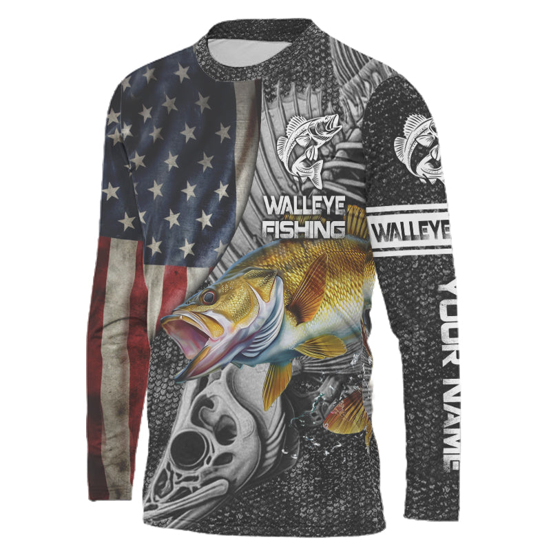 Walleye Fishing American Flag patriotic fish skull Custom name long sleeves fishing shirt NPQ10