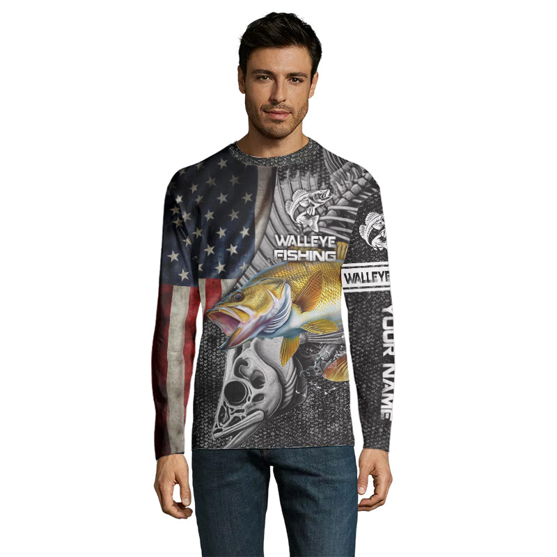 Walleye Fishing American Flag patriotic fish skull Custom name long sleeves fishing shirt NPQ10