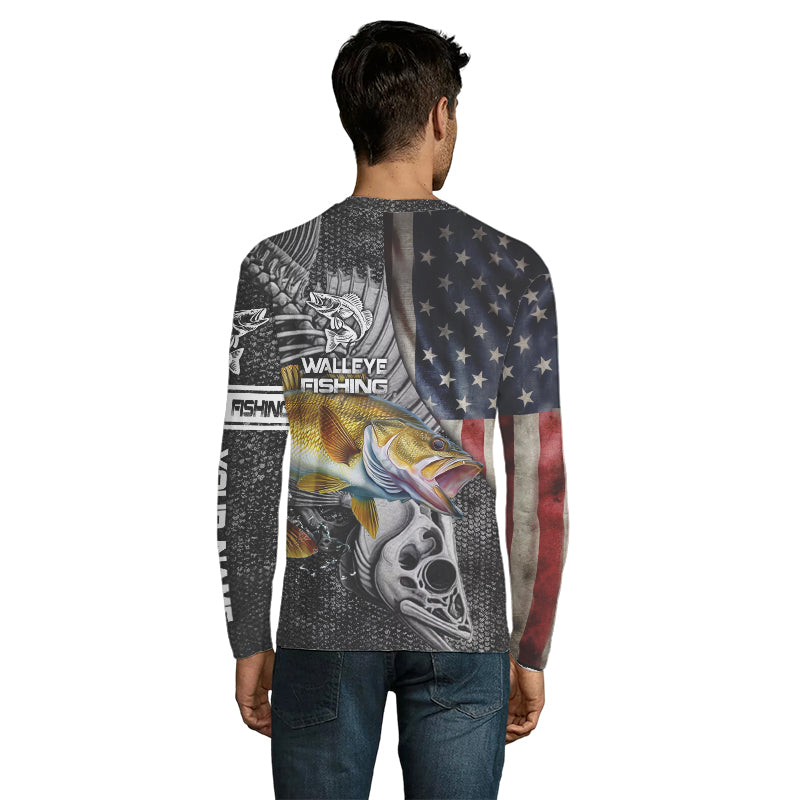 Walleye Fishing American Flag patriotic fish skull Custom name long sleeves fishing shirt NPQ10