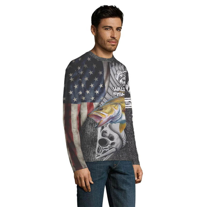 Walleye Fishing American Flag patriotic fish skull Custom name long sleeves fishing shirt NPQ10