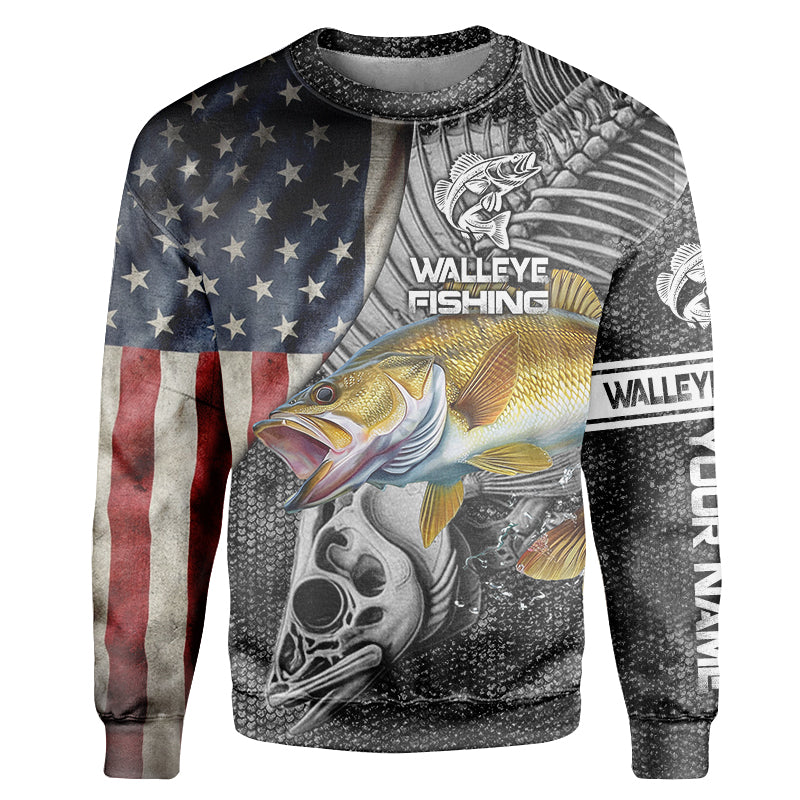 Walleye Fishing American Flag patriotic fish skull Custom Sweatshirt, personalized fishing shirt NPQ10