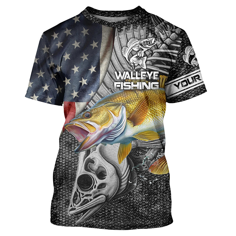 Walleye Fishing American Flag patriotic fish skull Customize Name All-over Print Unisex fishing T-shirt NPQ10