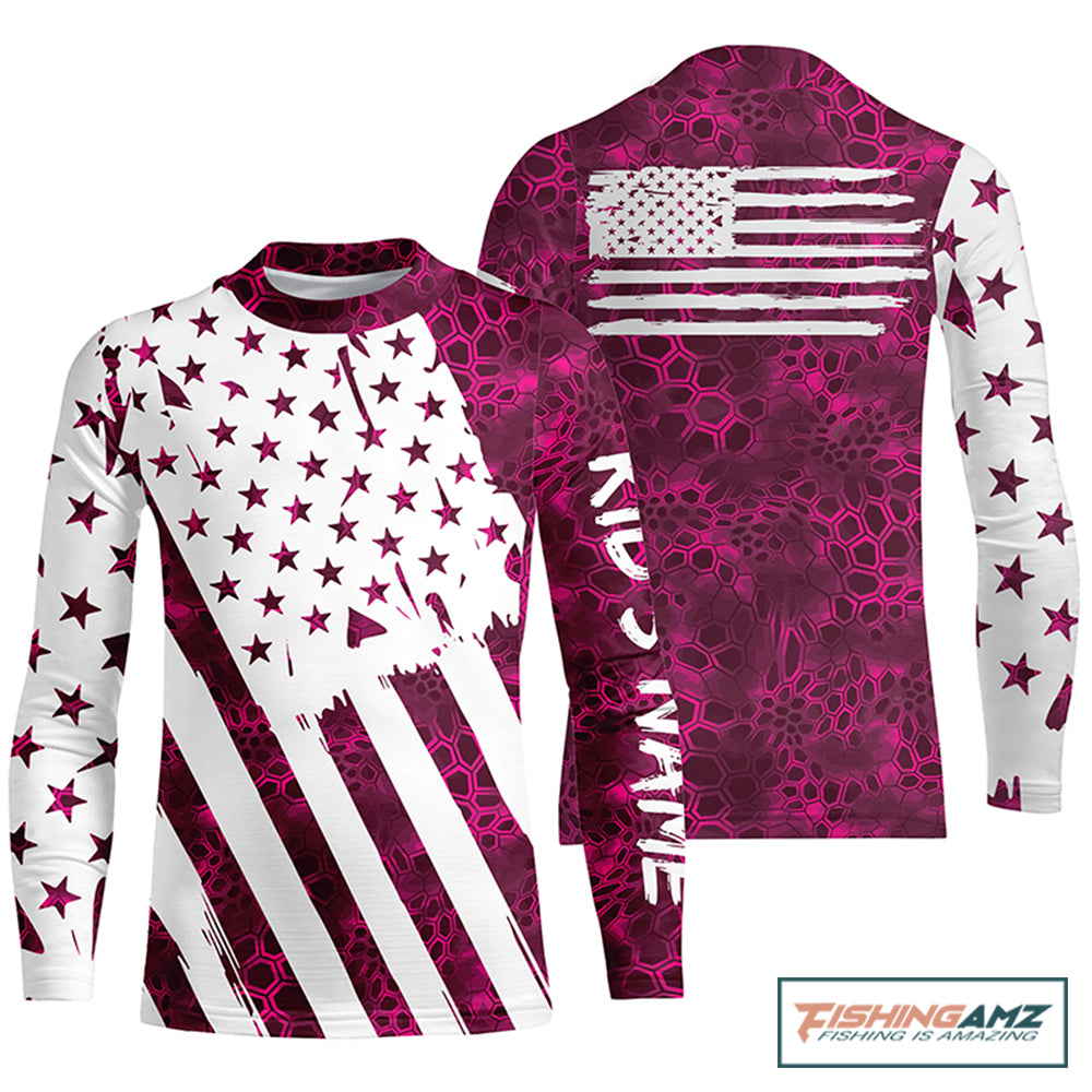 American flag pink camo custom patriotic UV Protection camouflage Kid Long Sleeve Fishing jerseys NQS5628