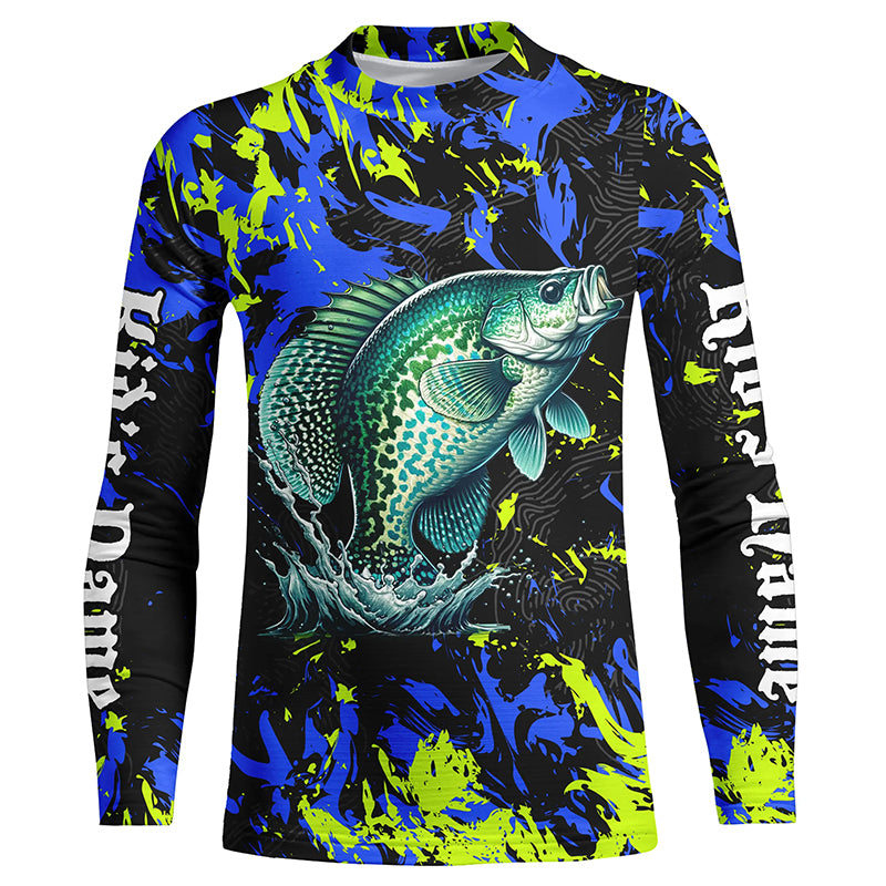 Personalized Crappie fishing green blue camo long sleeve Fishing Shirts for Kid NQS7122