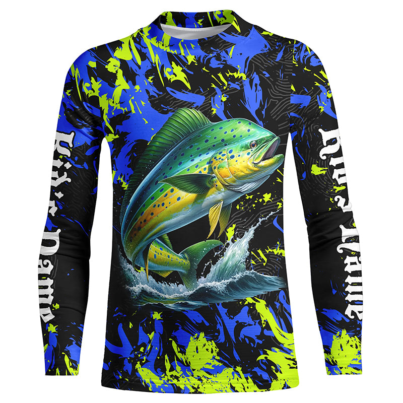 Personalized Mahi mahi fishing green blue camo long sleeve Fishing Shirts for kid NQS7123