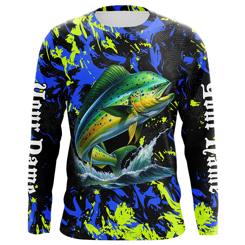 Personalized Mahi mahi fishing green blue camo long sleeve Fishing Shirts NQS7123