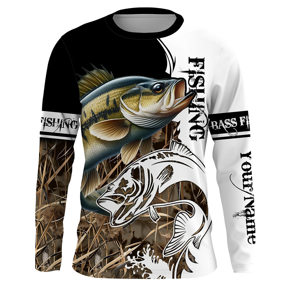 Smallmouth Bass Fishing tattoo camo Customize name Long sleeve fishing shirts NPQ284