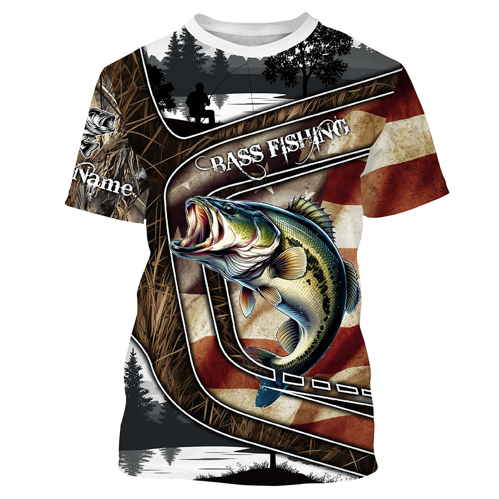 Custom American Flag patriotic Bass Fishing Jerseys, Personalized camo Bass fishing T-shirt NQS4856