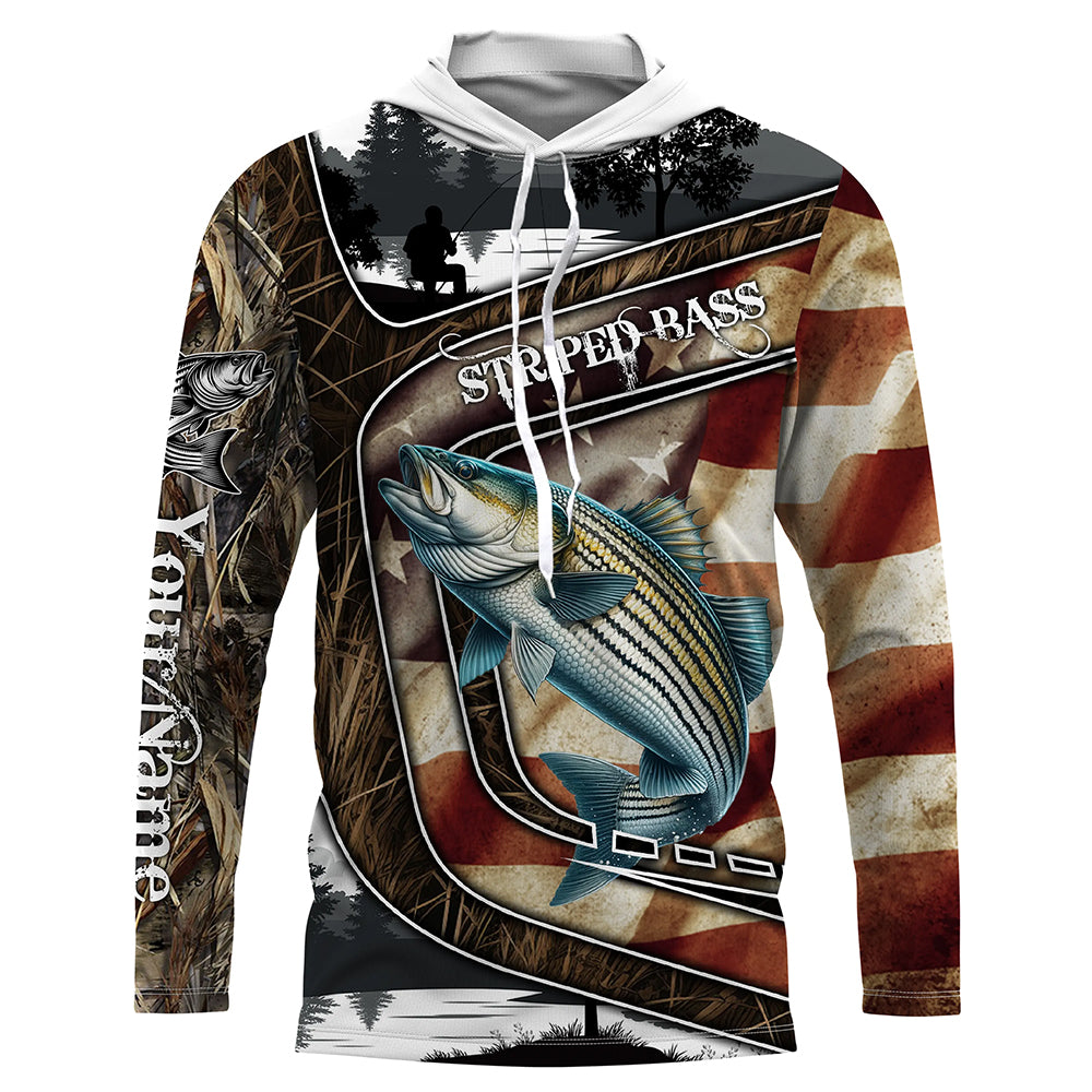 American Flag patriotic Striped Bass Fishing Jerseys, Custom camo striper fishing Long sleeve shirts NQS4857