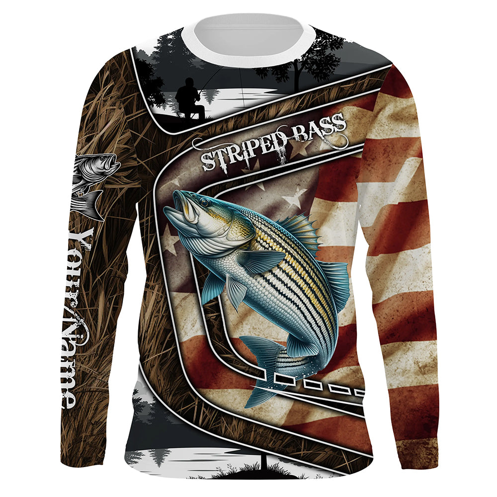 American Flag patriotic Striped Bass Fishing Jerseys, Custom camo striper fishing Long sleeve shirts NQS4857