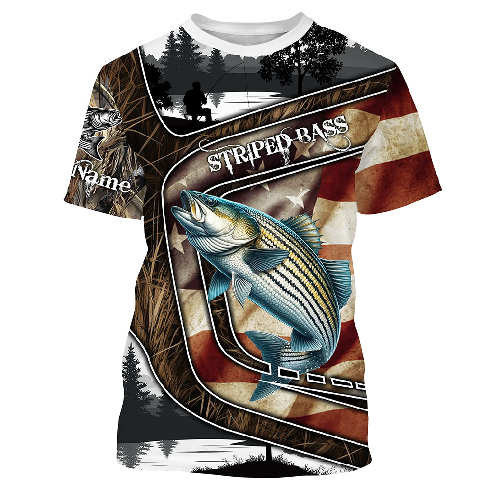 Custom American Flag patriotic Striped Bass Fishing Jerseys, Personalized camo striper fishing T-shirt NQS4857