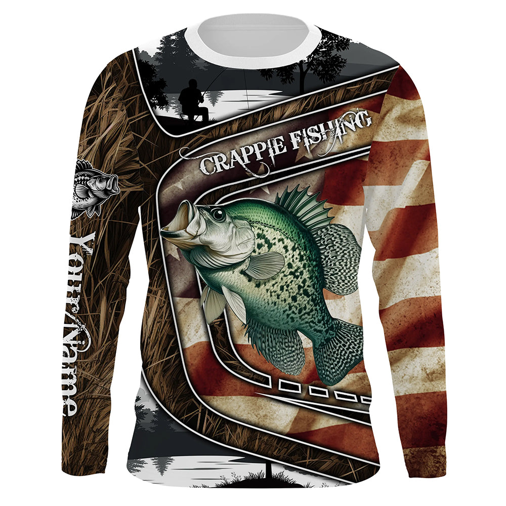 American Flag patriotic Crappie Fishing Jerseys, Custom camo Crappie fishing Long sleeve shirts NQS4858