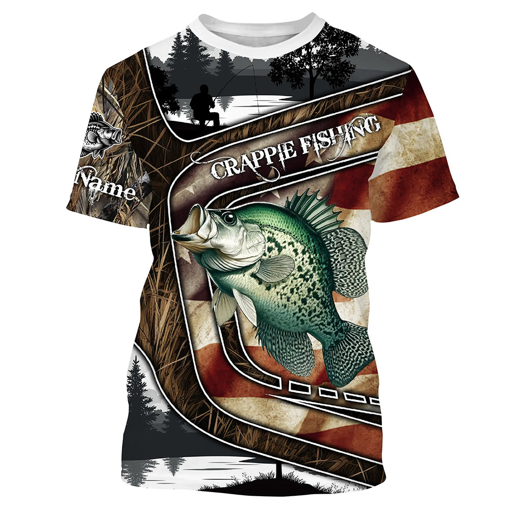 Custom American Flag patriotic Crappie Fishing Jerseys, Personalized camo Crappie fishing T-shirt NQS4858