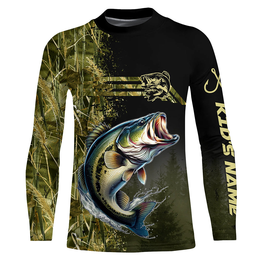 Custom Largemouth Bass fishing camouflage Fishing Jersey, Bass fishing Kid Long Sleeves shirt NQS4862