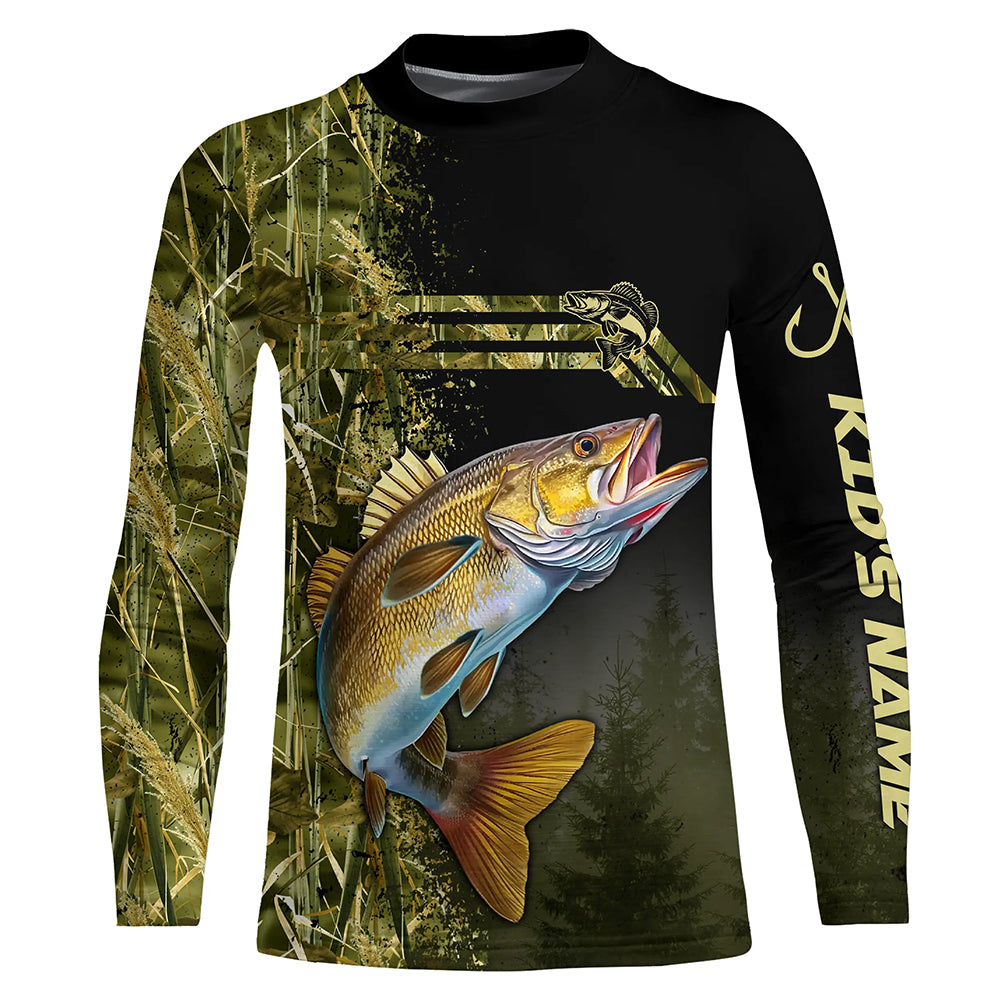 Custom Walleye fishing camouflage Fishing Jerseys, Personalized Walleye fishing Kid Long Sleeves shirt NQS4863