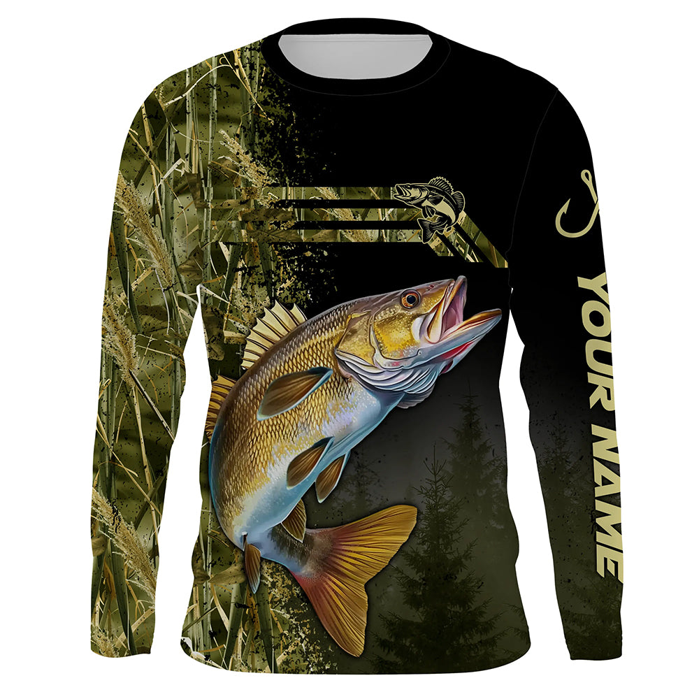 Custom Walleye fishing camouflage Fishing Jerseys, Personalized Walleye fishing Long sleeve shirts NQS4863