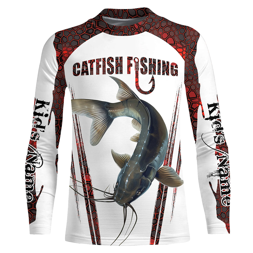 Catfish fishing red camo Custom Name UV Protection long sleeve Fishing Shirts for Kid NQS5166