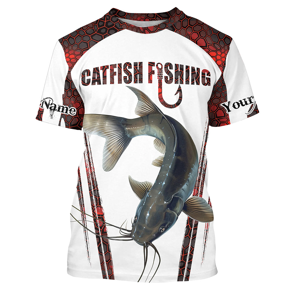 Catfish fishing red camo Custom Name UV Protection Fishing T-shirt NQS5166