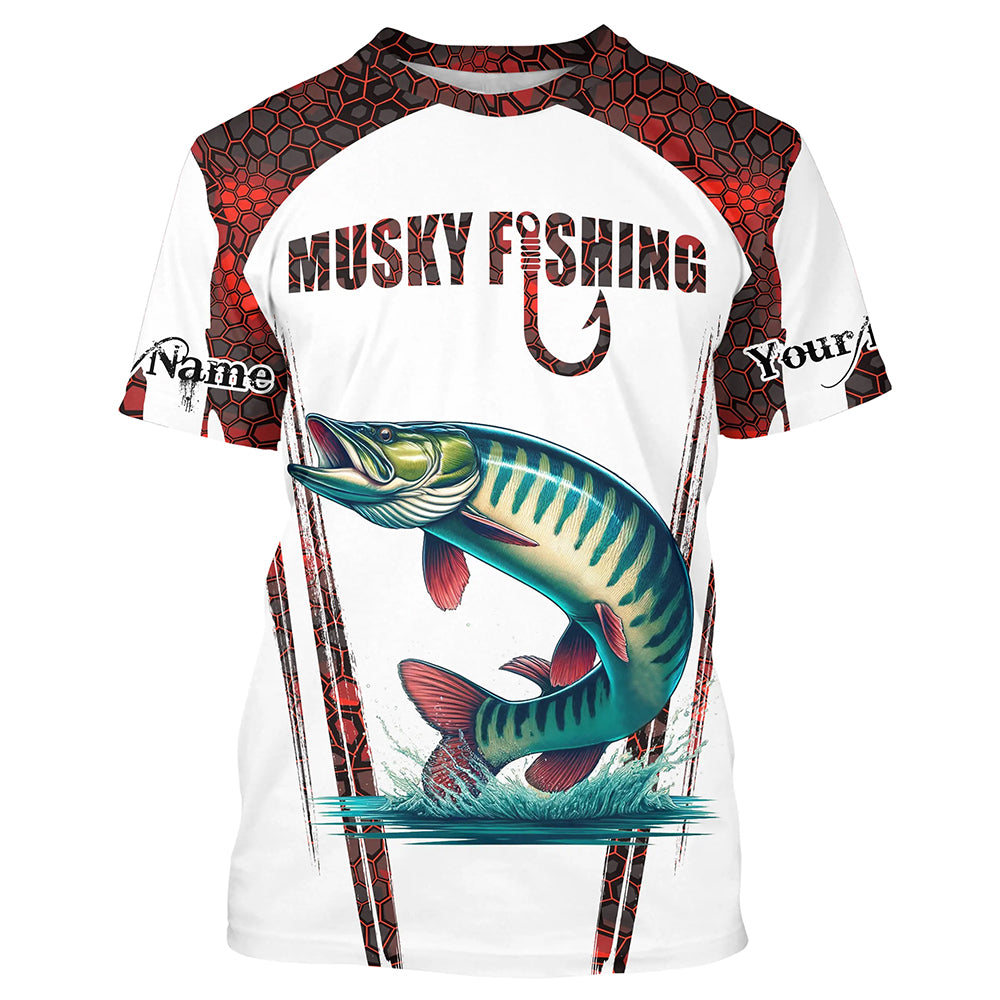 Musky fishing red camo Custom Name UV Protection Fishing T-shirt NQS5167