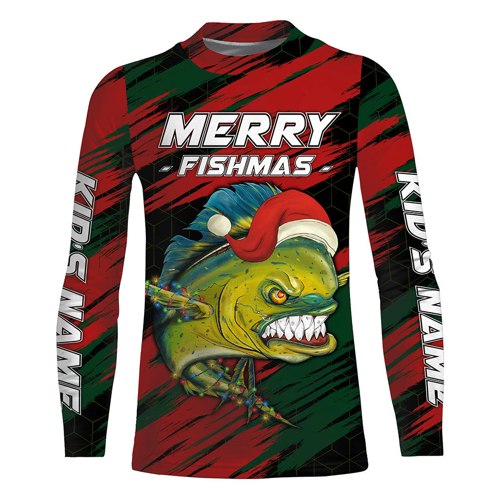 Personalized Christmas Mahi mahi Kid long sleeve Fishing Shirts, Merry fishmas Fishing gifts NQS6816